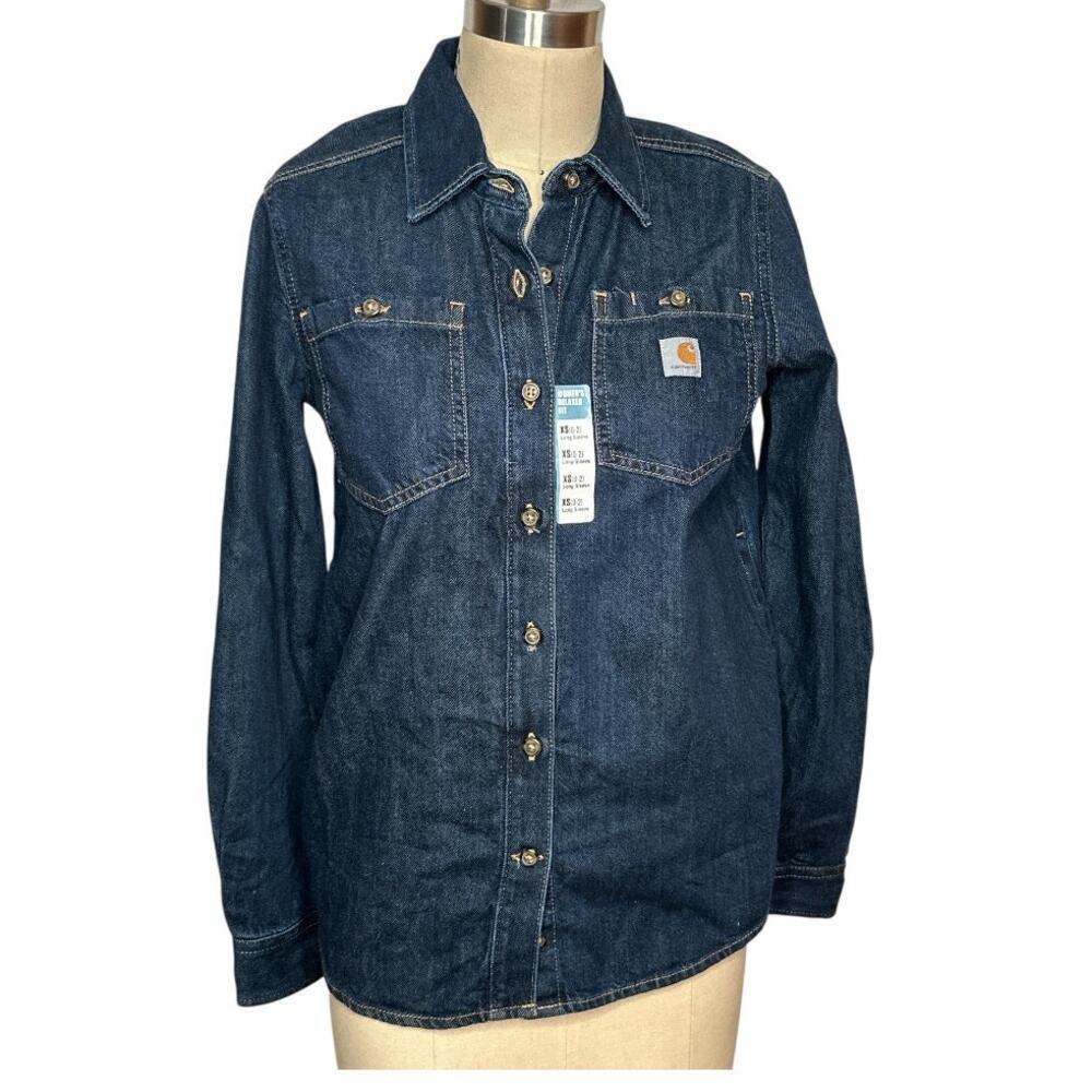 Carhartt Relaxed Dk. Blue Denim Fit Midweight Long Sleeve Shirt Sz XS (0-2) NWT